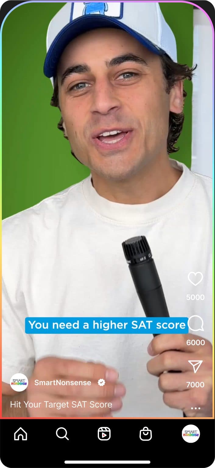Brainblast video on a phone: a tutor in a cap holds a microphone, captioned “You need a higher SAT score”