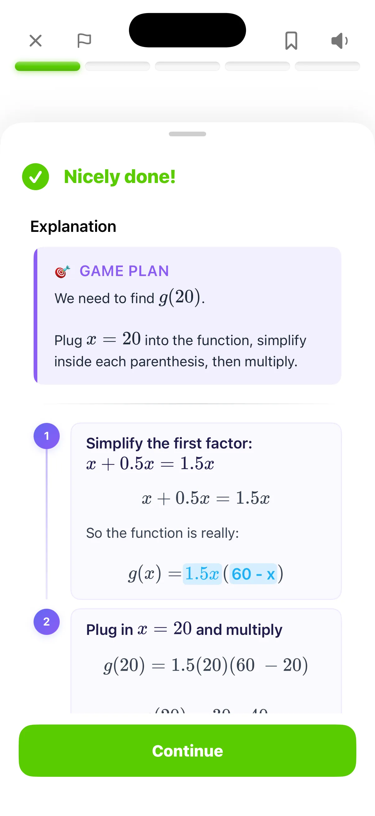 Brainblast step-by-step explanation screen with a game plan and worked solution
