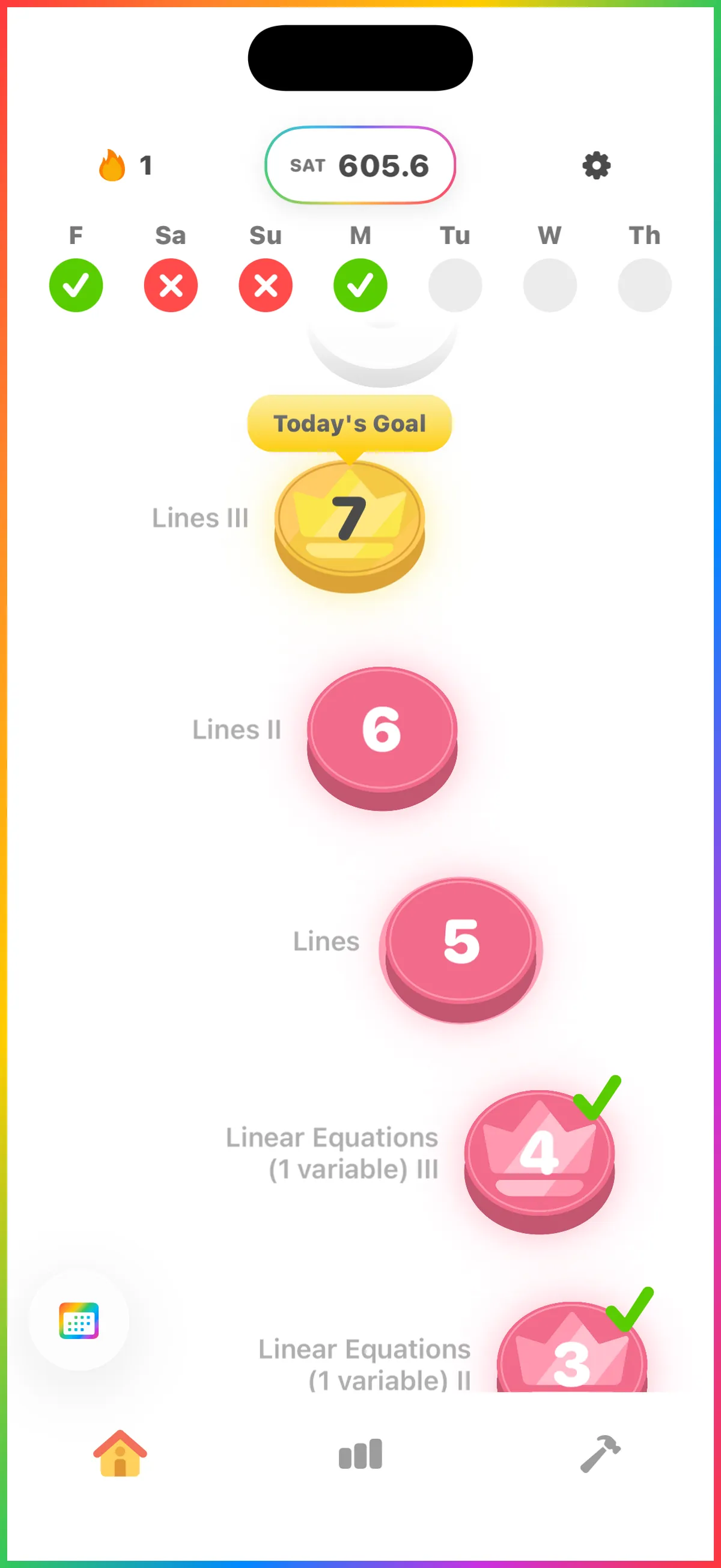 Brainblast home screen showing the level path, daily streak, and SAT score